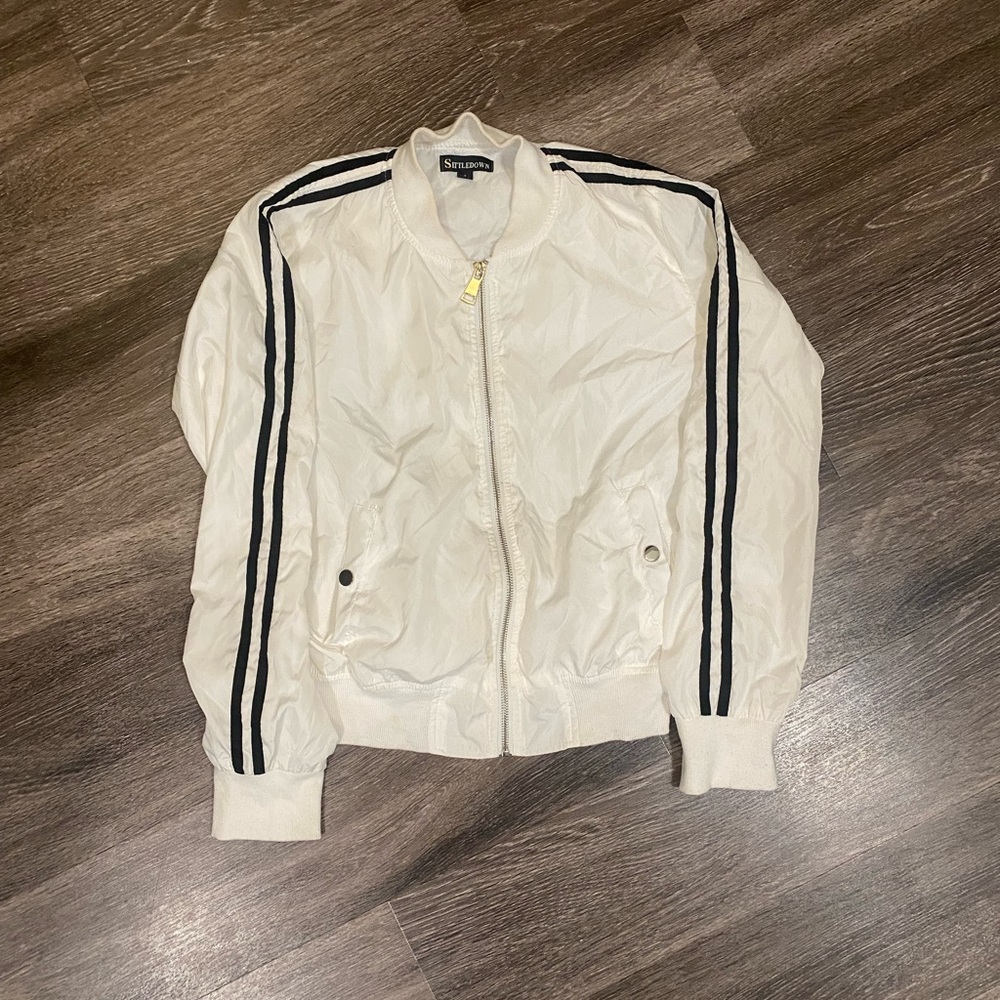 Women's Cream Bomber Jacket with Black Stripes